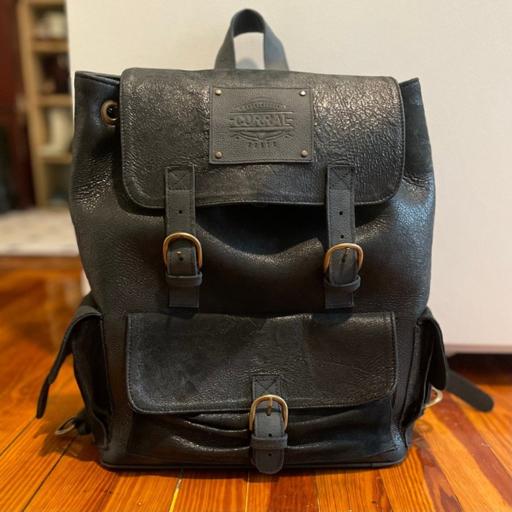 Authentic Corral Black Full-Grain Leather Harness Backpack